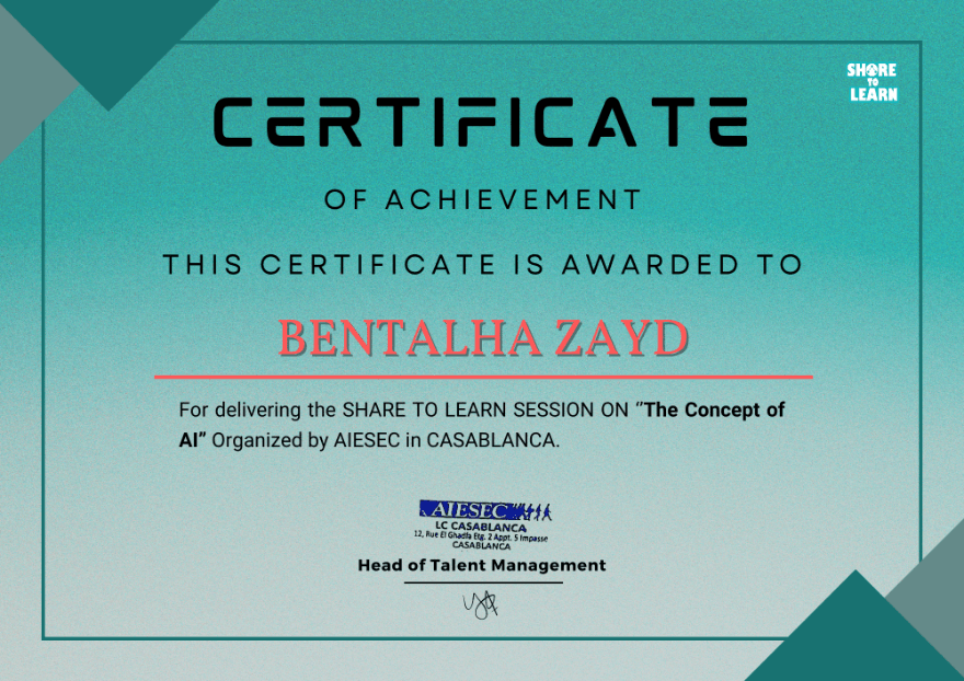 Share to Learn — The Concept of AI certificate