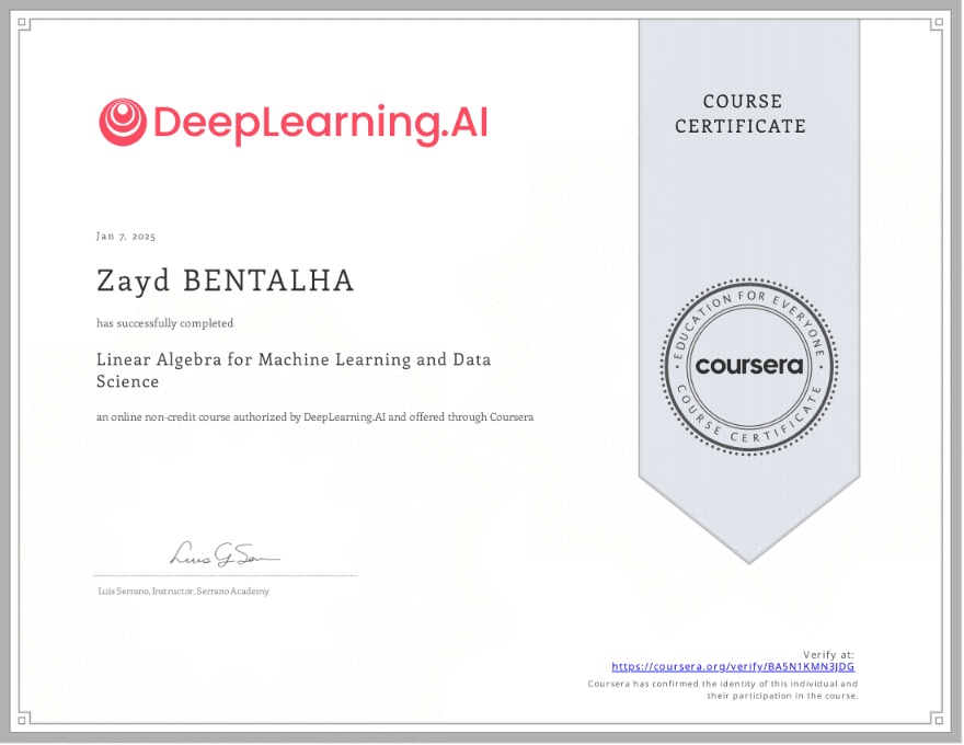 Linear Algebra for Machine Learning and Data Science certificate