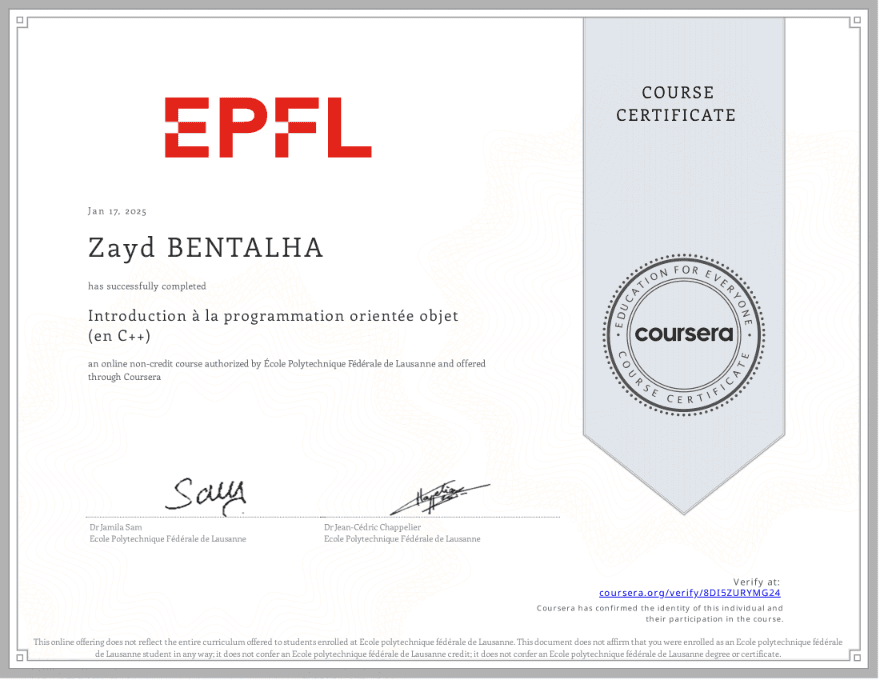 Introduction à la programmation orientée objet (en C++) certificate